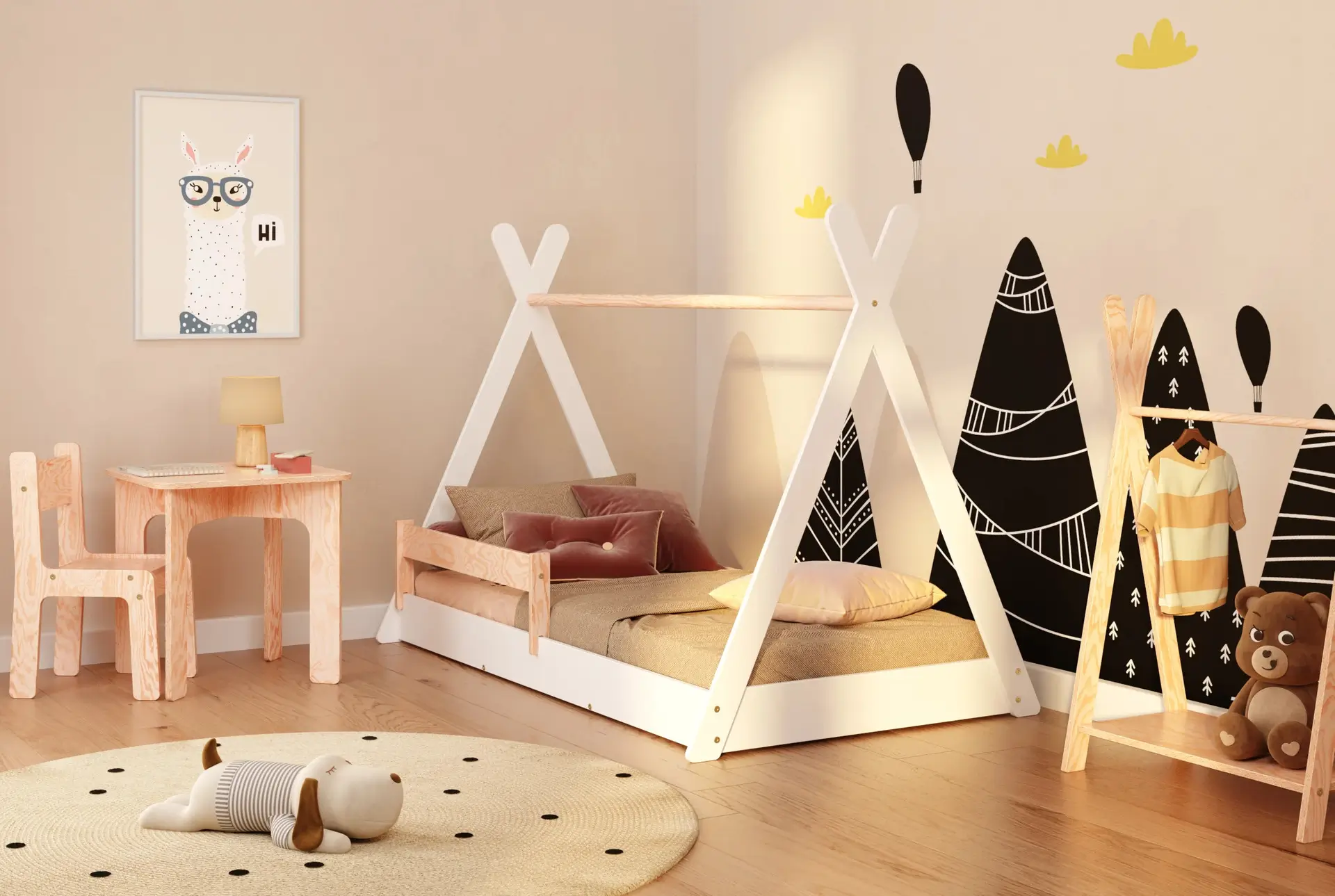 Łóżko domek z barierką i stelażem TIPI FLOOR Montessori Drewniane